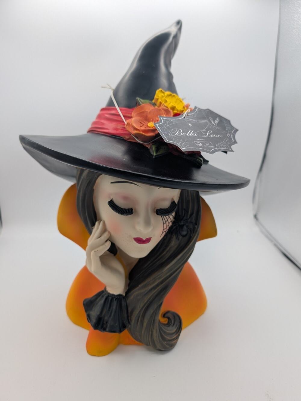 Bella Lux Halloween Witch Bust Figurine w/ Black Hat & Flowers, Freestanding NEW